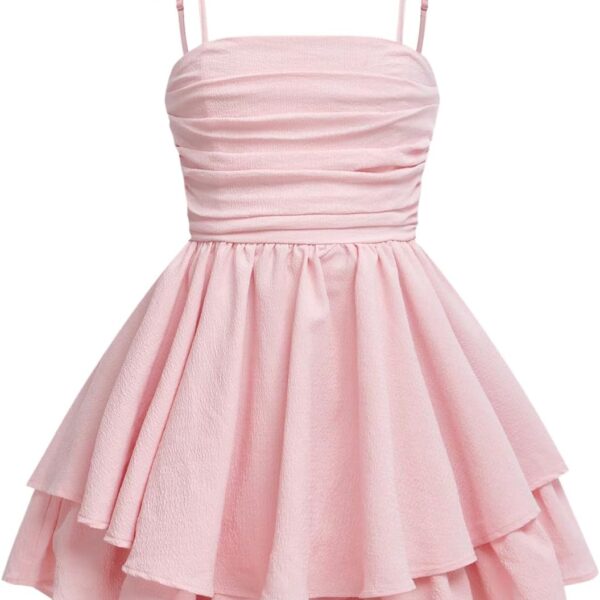 Girl's Flowy Cami Dress Ruched Sleeveless Pink Layered Ruffle Kawaii Short Smocked Summer Dresses