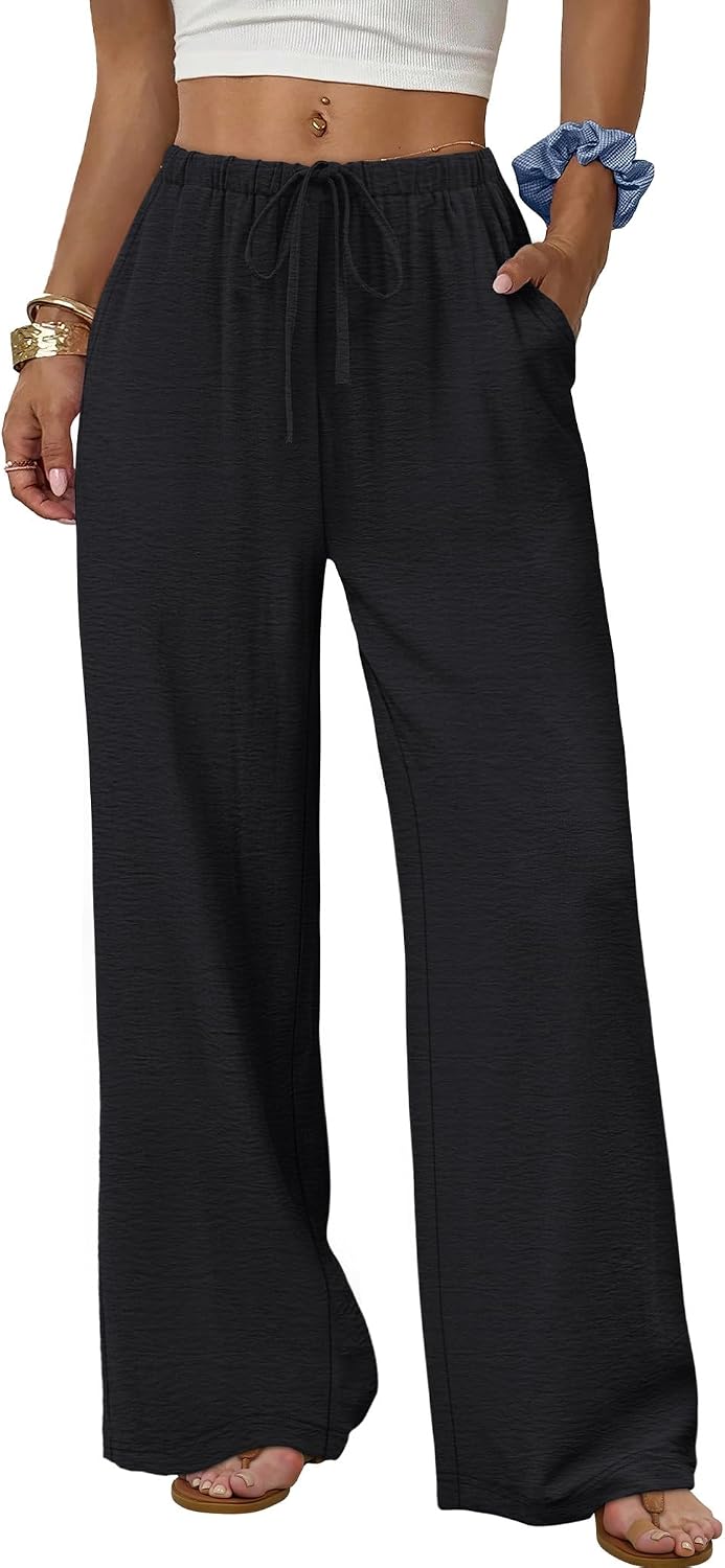 Wide Leg Pants for Women Flowy Palazzo Drawstring Elastic Waist Trousers with Pockets Summer Beach Vacation Clothes