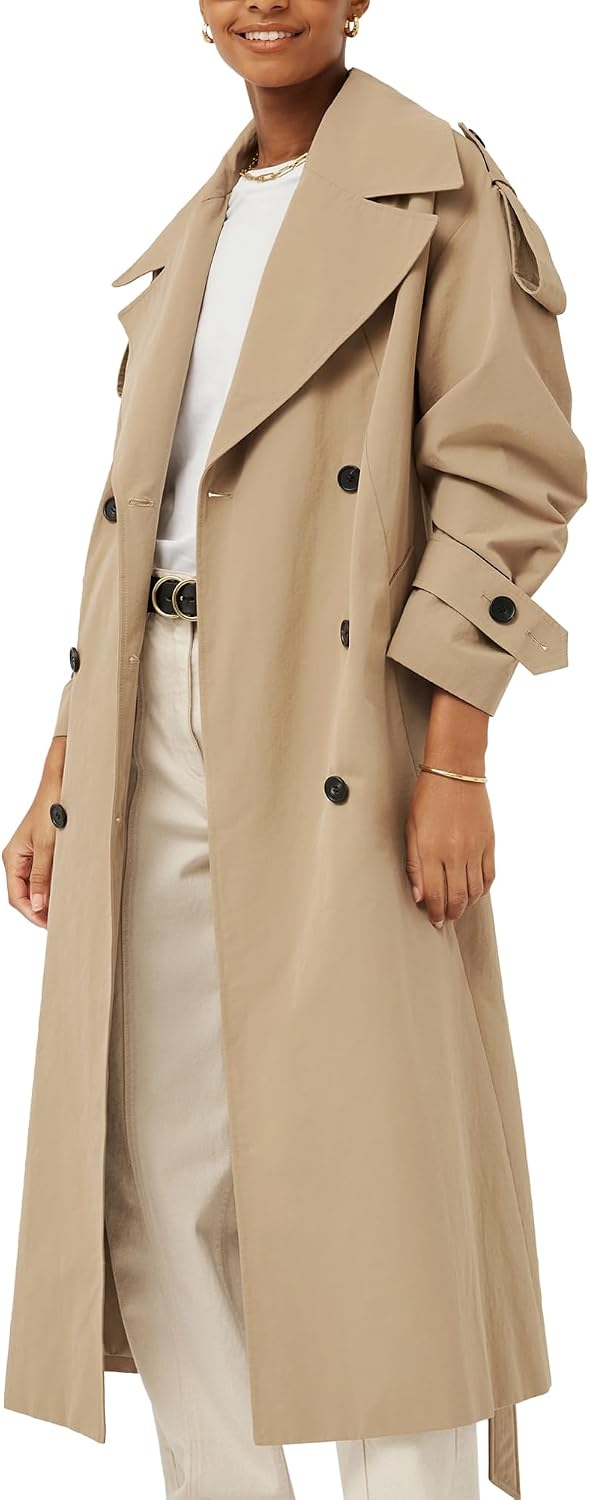 Womens Oversized Long Trench Coat Double Breasted Lapel Windproof Overcoat with Belt Image 2