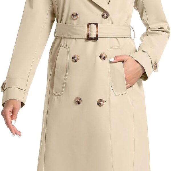 Women's Waterproof Long Trench Coat Double Breasted Length Classic Lapel Belt Coat With Removable Hood