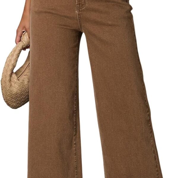 Women's Casual High Waisted Jeans Stretch Button Wide Leg Loose Denim Pants with Pockets