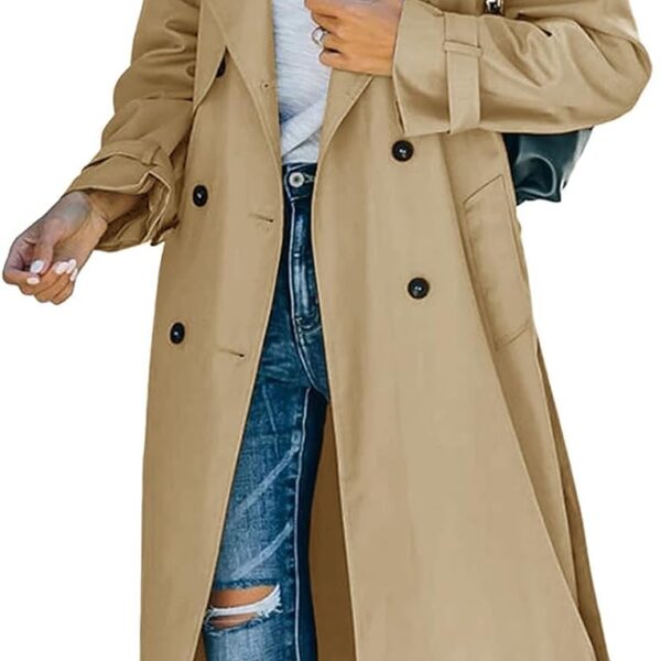 Women's Double Breasted Long Trench Coat Windproof Classic Lapel Slim Overcoat with Belt