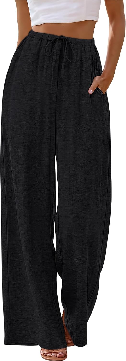 Wide Leg Pants for Women Flowy Palazzo Drawstring Elastic Waist Trousers with Pockets Summer Beach Vacation Clothes Image 2