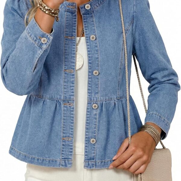 Cropped Jean Jacket Women Button Down Long Sleeve Collarless Cinched Waist Denim Jackets