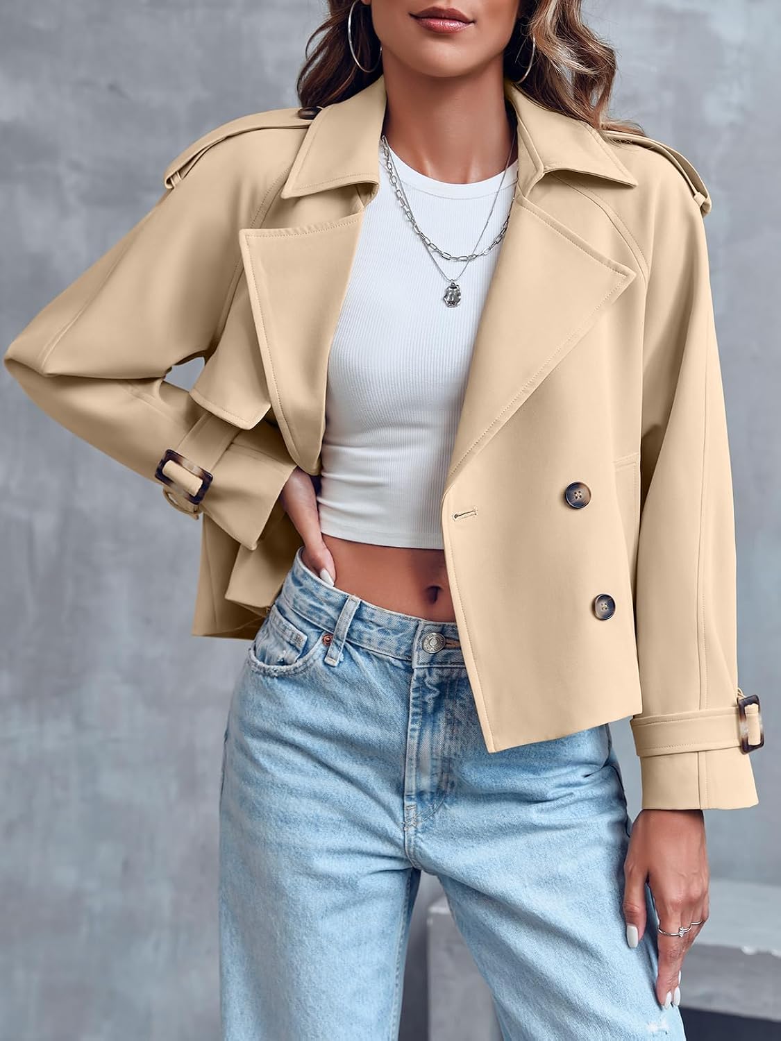 Women Crop Double Breasted Trench Coat Raglan Sleeve Work Office Cropped Jacket With Pockets Image 2