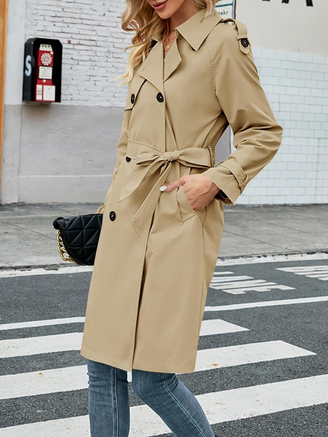 Women's Double Breasted Long Trench Coat Windproof Classic Lapel Slim Overcoat with Belt Image 2
