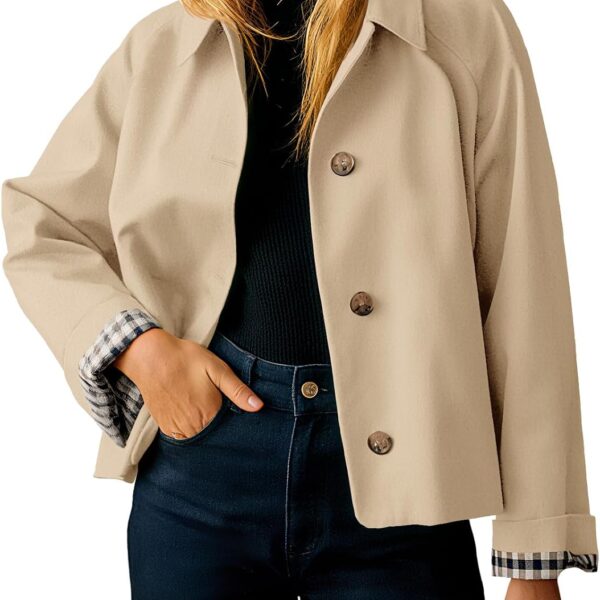 Womens Cropped Trench Coat Lightweight Single Breasted Jacket Fall Windbreaker Fashion Outerwear