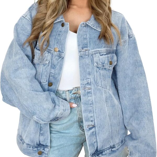 Women's Oversized Jeans Jacket, Classic Button Down Denim Jacket with Chest Pockets, Loose Fit Boyfriend Style Coat