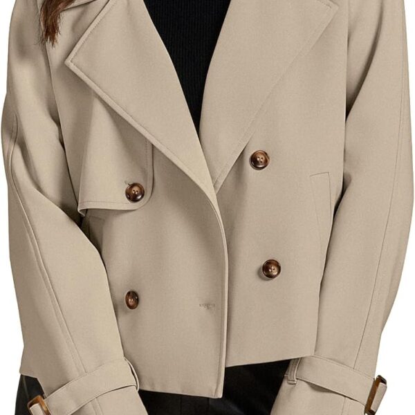 Cropped Trench Coat for Women Long Sleeve Double Breasted Notched Lapel Casual Loose Fit Jackets with Pockets