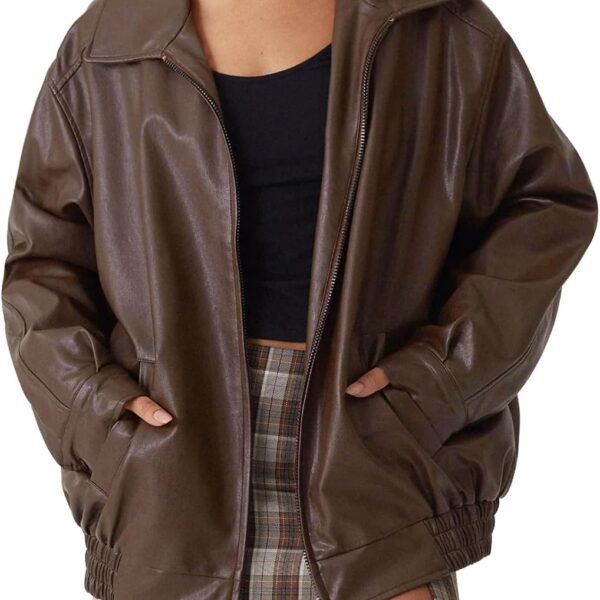 Women's Oversized Faux Leather Jacket Fall Motorcycle Style Coat with Zipper Closure