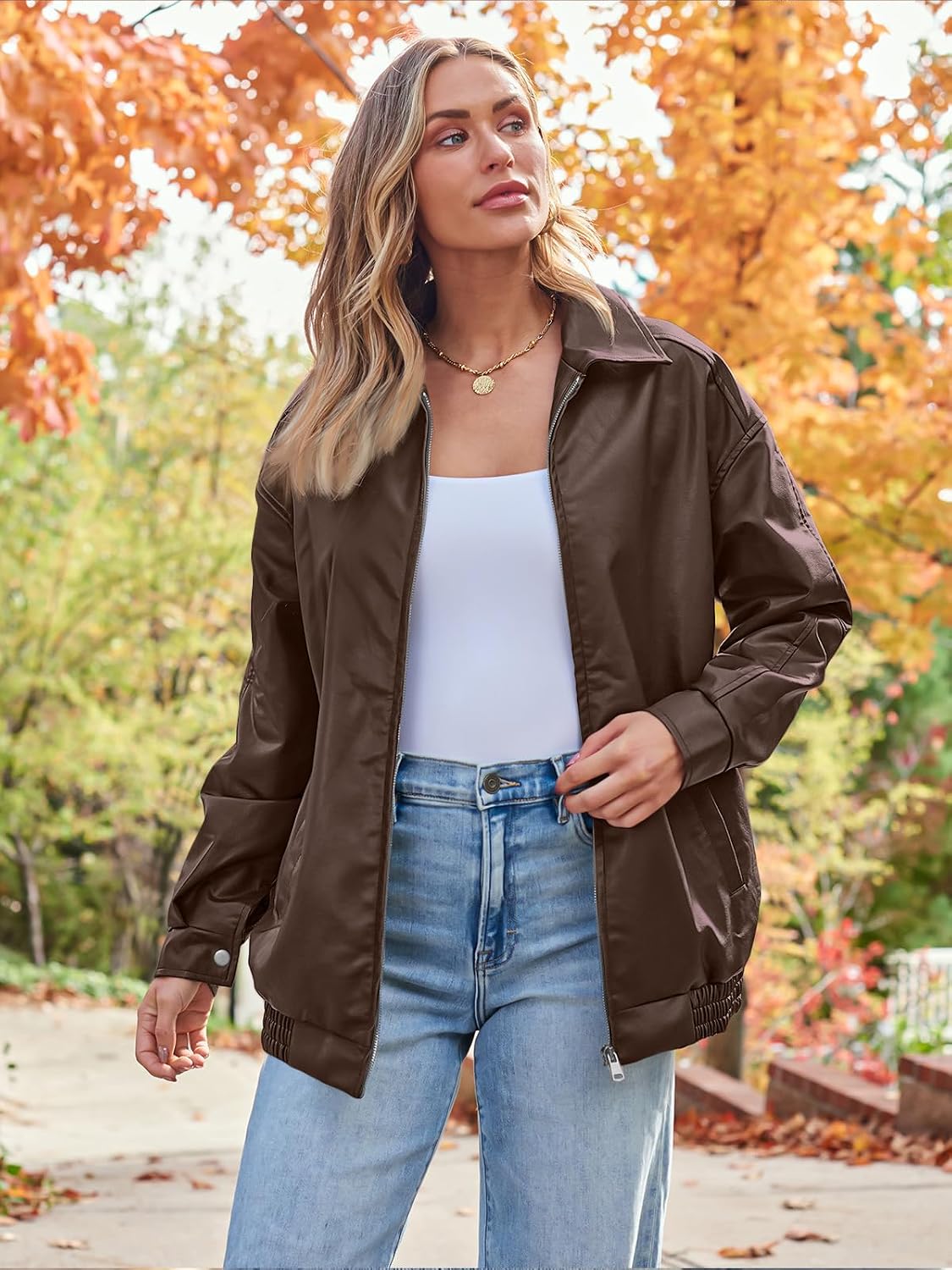 Women's Oversized Faux Leather Jacket Fall Motorcycle Style Coat with Zipper Closure Image 2