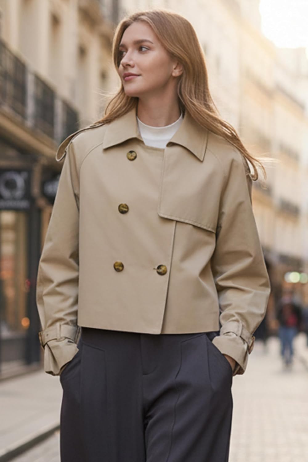 Cropped Trench Jackets Women's Lightweight Spring Jacket Double Breasted Short Trench Coat Trendy Outfit Image 2