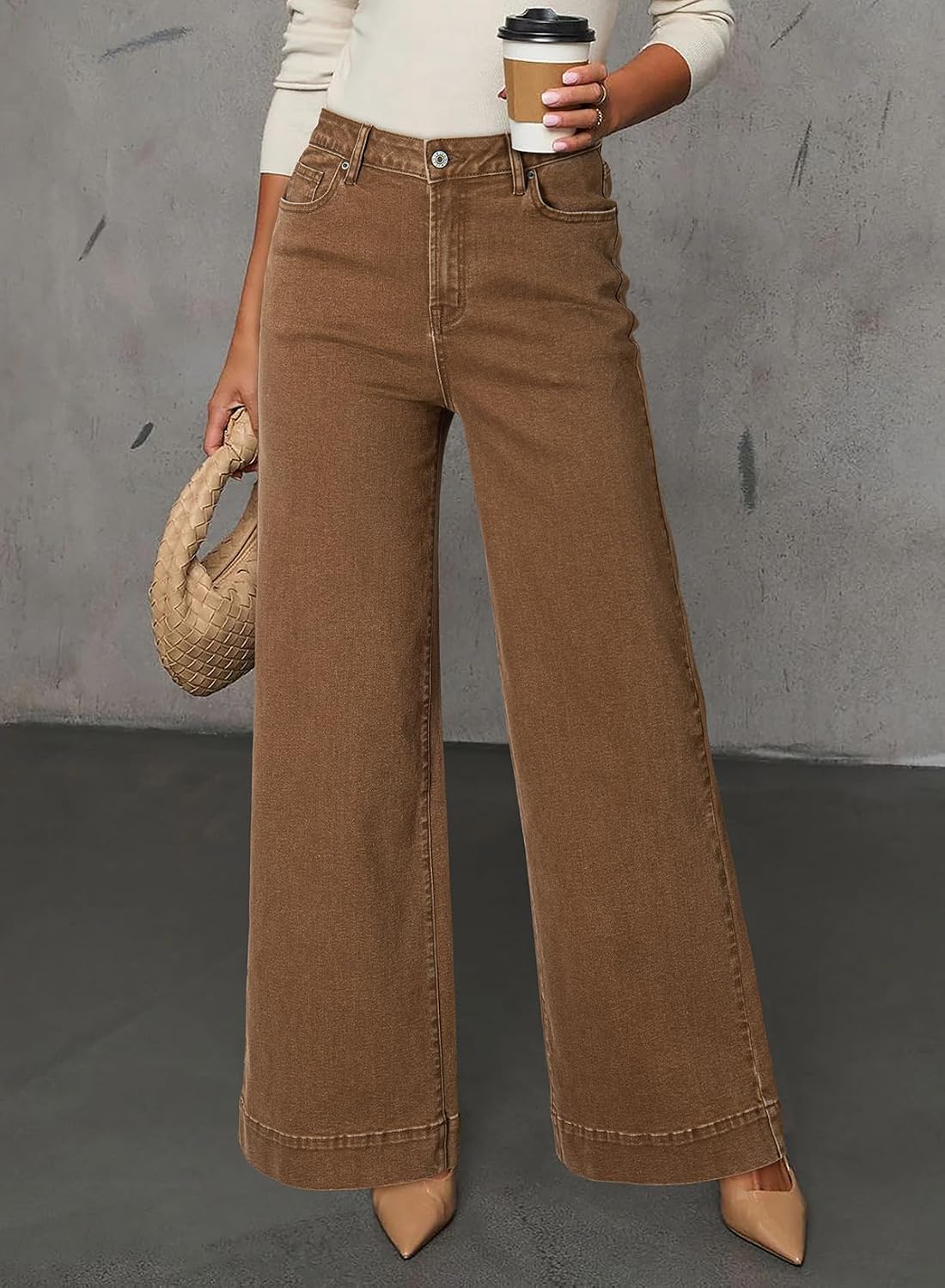 Women's Casual High Waisted Jeans Stretch Button Wide Leg Loose Denim Pants with Pockets Image 2