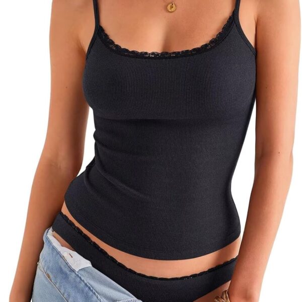 Womens Lace Camisole Tops Square Neck Ribbed Tank Tops Adjustable Spaghetti Straps Sleeveless Summer Shirt 2026