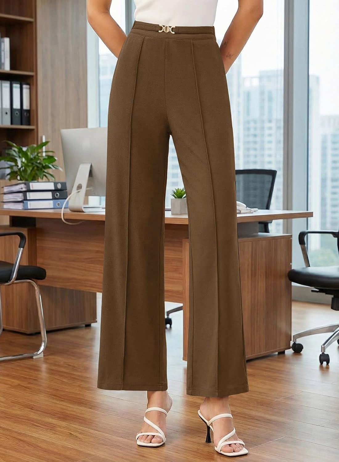 Wide Leg Pants Women Straight Elastic High Waisted Work Slacks Business Casual Pleated Dress Pants Trousers Image 2