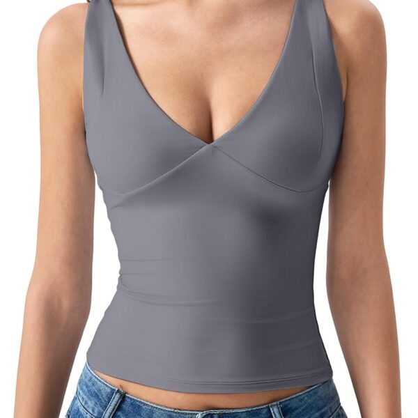 Womens Double Lined Tank Tops Sexy V Neck Seamed Cup Adjustable Spaghetti Straps Camisole Shirts