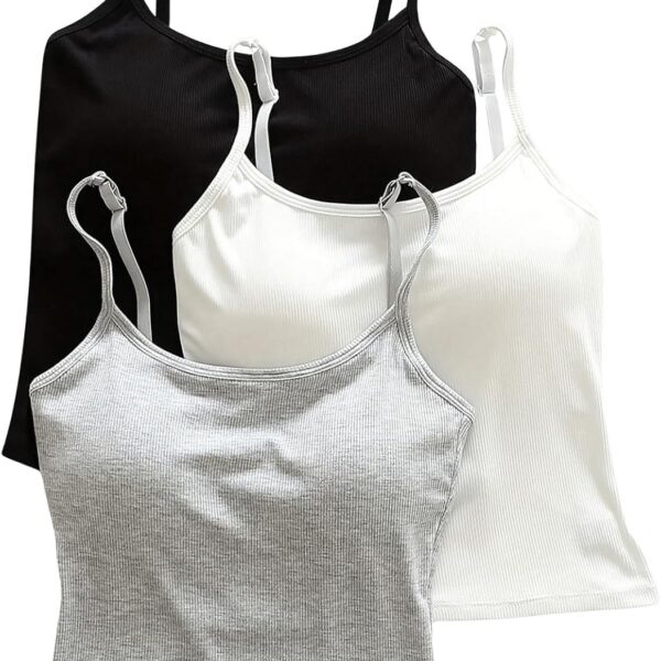 Women's 3 Pack Cami Crop Top Built in Bra Spaghetti Strap Tank Camisole Tops
