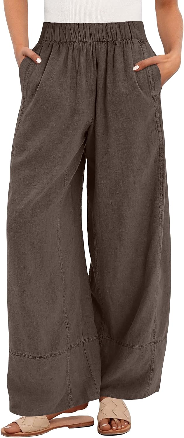 Women's Wide Leg Linen Pants Summer Boho Casual Elastic Waist Long Lounge Travel Pants Trousers with Pockets