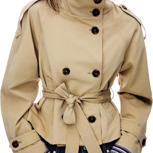 Women's Cropped Trench Coat Double Breasted Short Jacket High Collar Fall Winter Coats Trendy Outfit with Belt